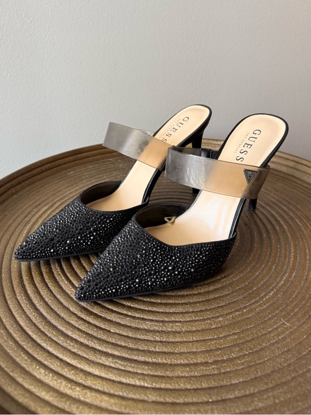 GUESS Rhinestone Pointed-Toe Mule Heels – Size 10